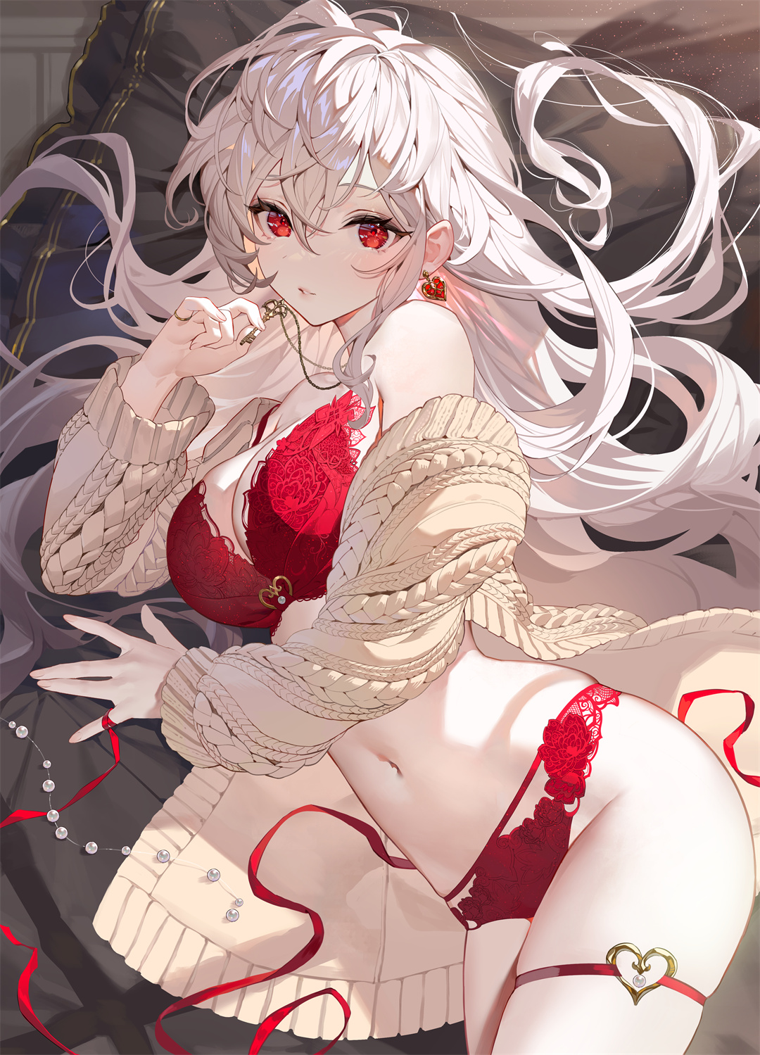 P站插画 原创 白发 红色眼睛 毛衣 红色内衣 漂亮妹子@teffish P站美图-第1张
