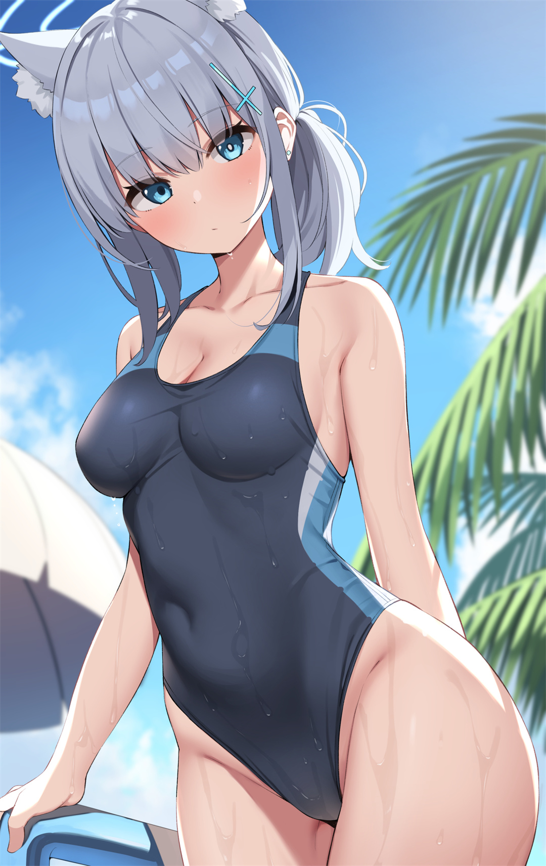 P站美图 碧蓝档案 砂狼 泳装 银发碧眼 兽耳@suiroh 插画-第2张