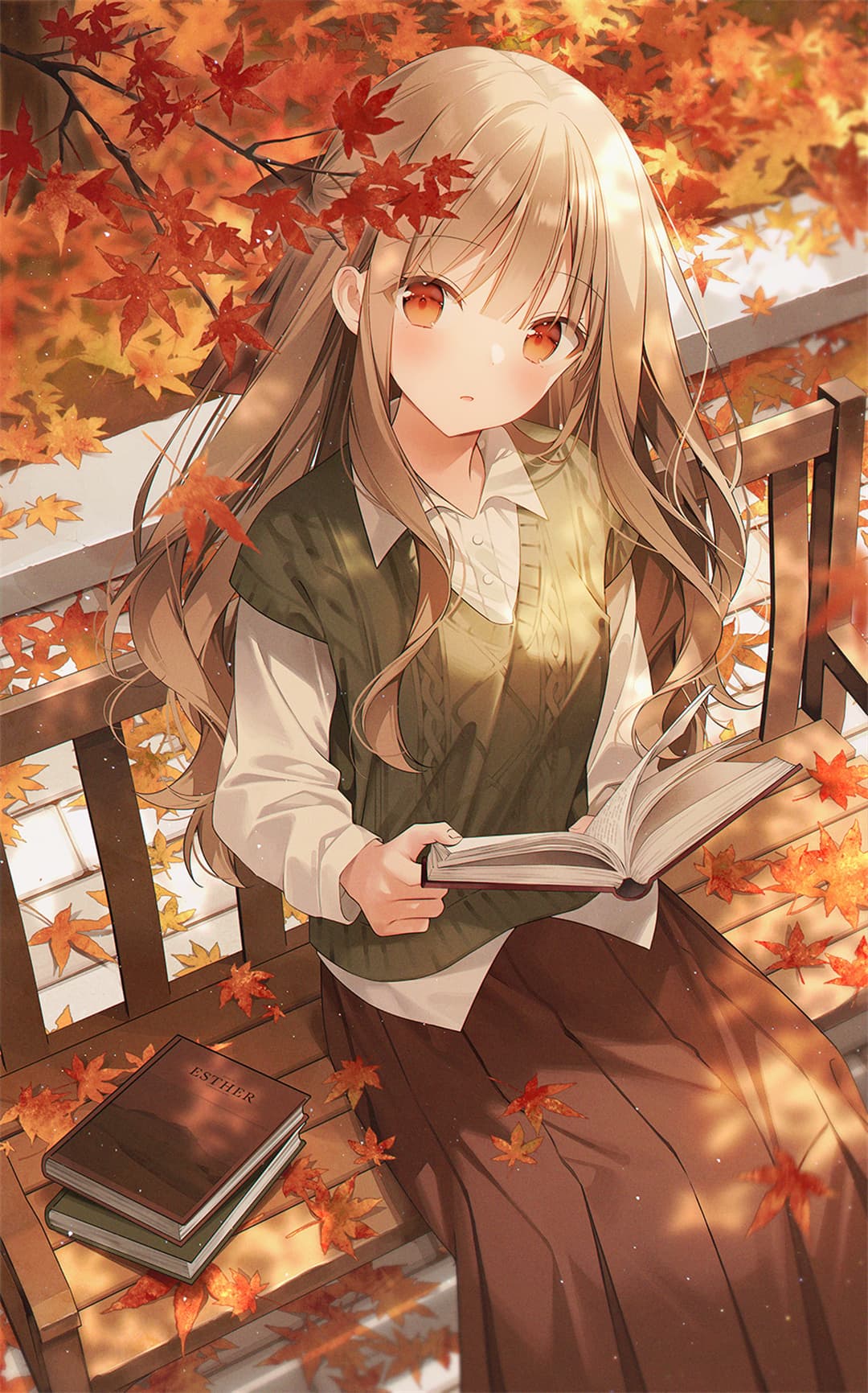 P站美图 原创 红叶 秋天 长发 长裙 看书 手机壁纸@WERI 插画-第1张
