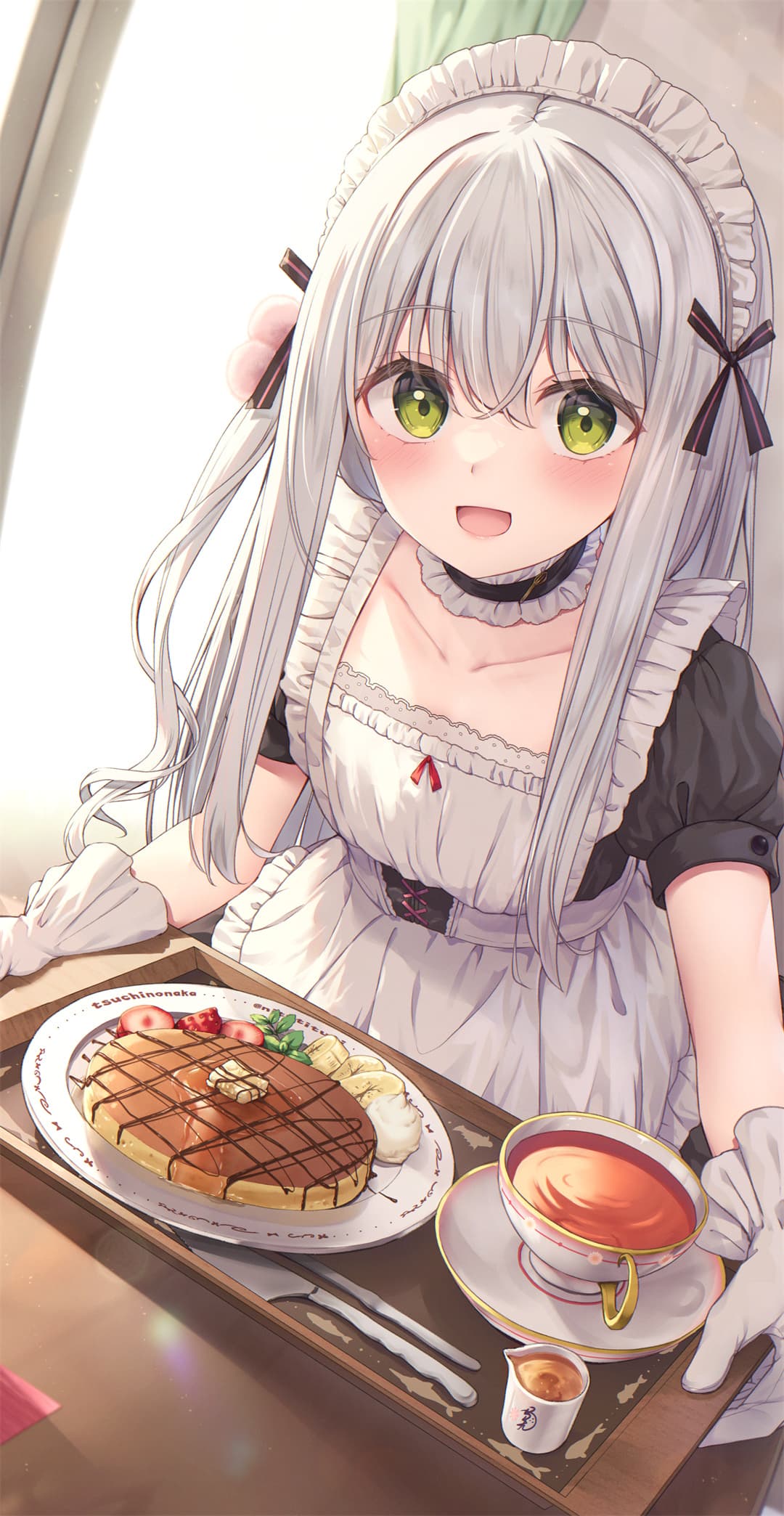 P站美图 原创 女仆装 白发少女 手机壁纸@つちくれ 插画-第1张