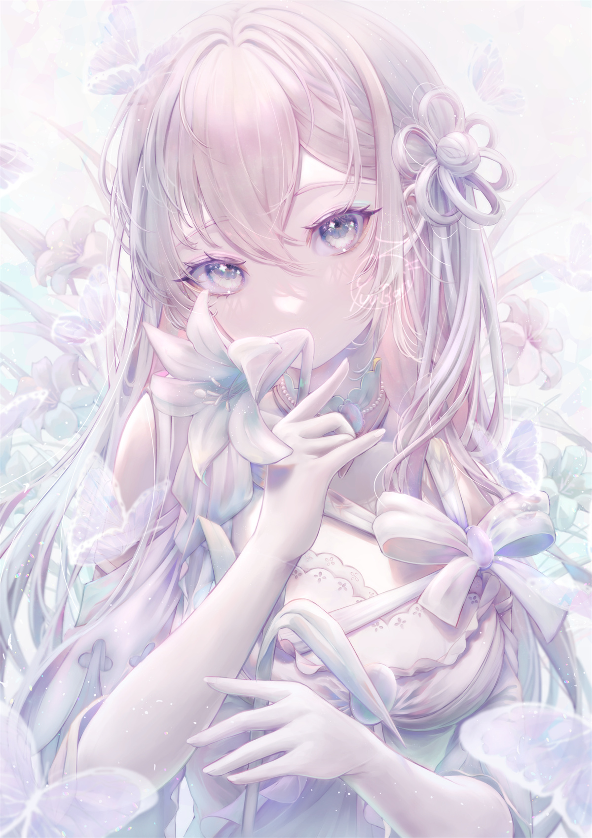 P站插画 原创 Pure 银发 百合少女@ゆうばり 插画-第1张