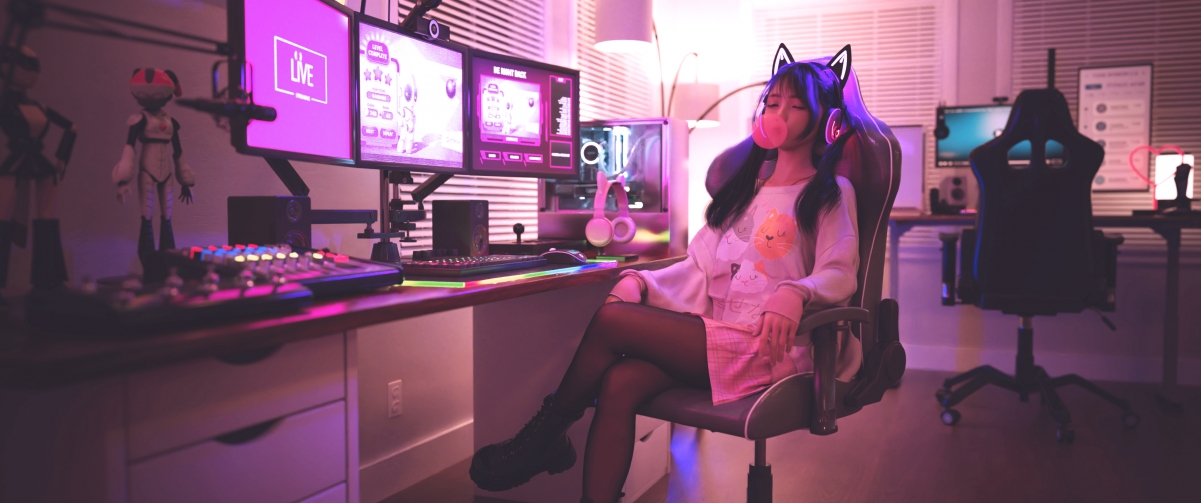 女孩 黑色连裤袜 电脑椅 闭眼 CG 泡泡糖 耳机 3440x1440 带鱼屏 壁纸 壁纸-第1张