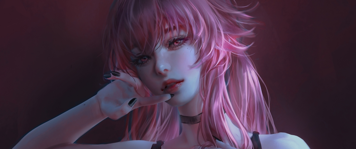 红色眼睛 粉色头发动漫美女3440x1440带鱼屏壁纸 壁纸-第1张