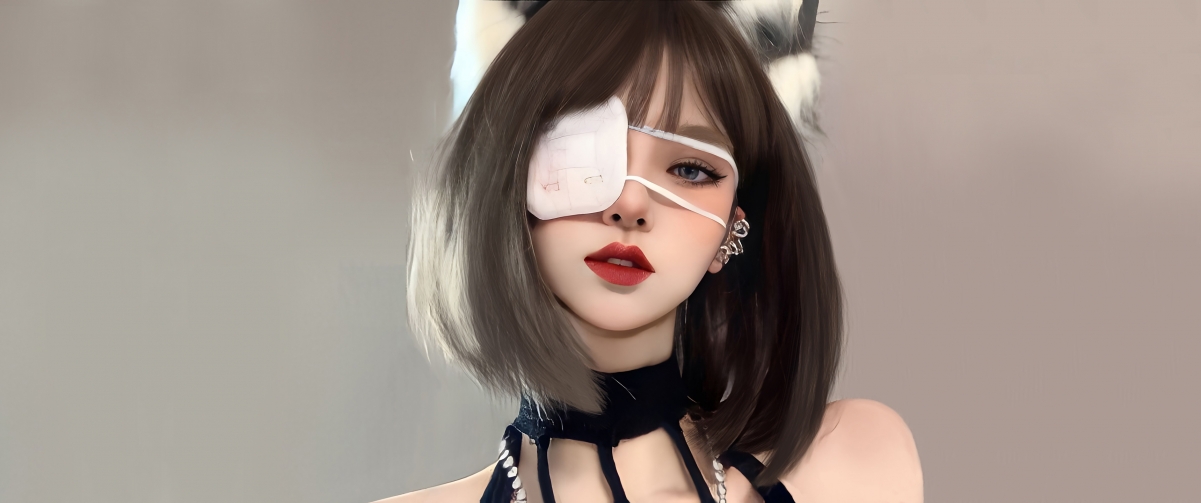 美女兽耳 波波头短发 眼罩个性美女3440x1440带鱼屏壁纸 壁纸-第1张