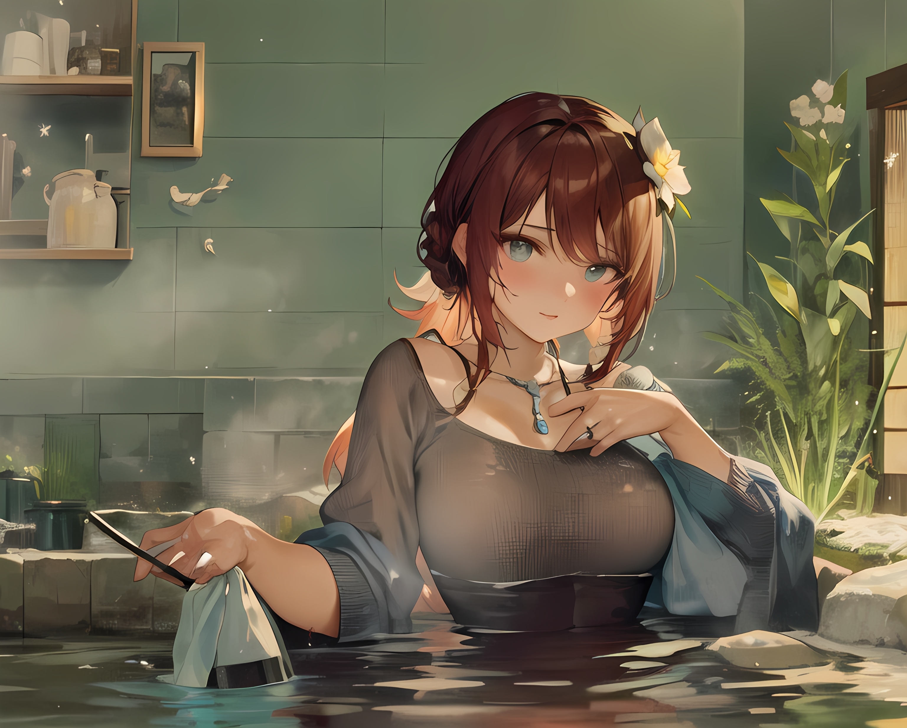 【ai绘画】巨乳，翘臀，长腿，温泉 插画-第1张