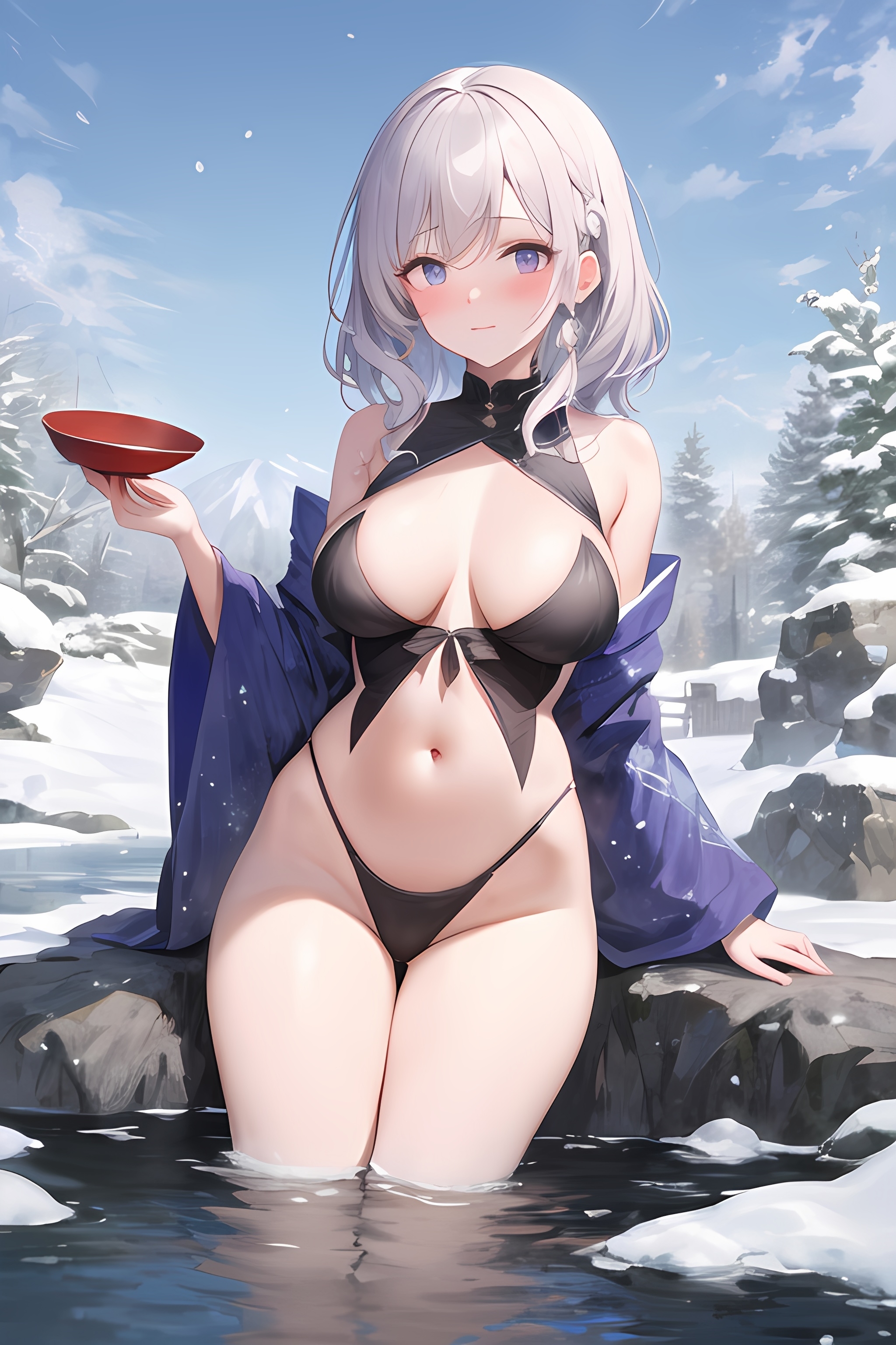 【ai绘画】温泉，巨乳，长腿，翘臀 插画-第1张