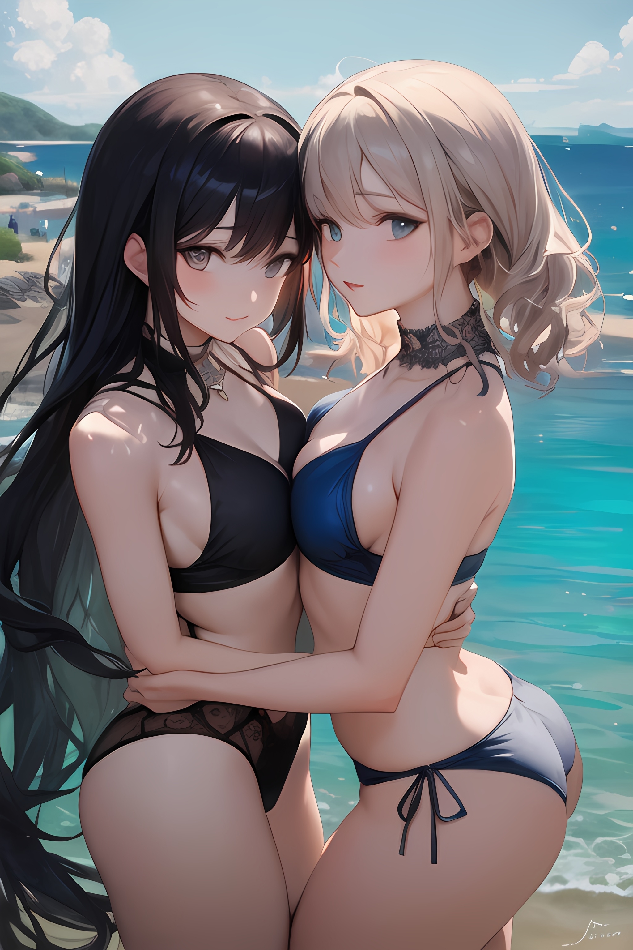 【ai绘画】风声中的沙滩诱惑，巨乳，比基尼，百合 插画-第6张
