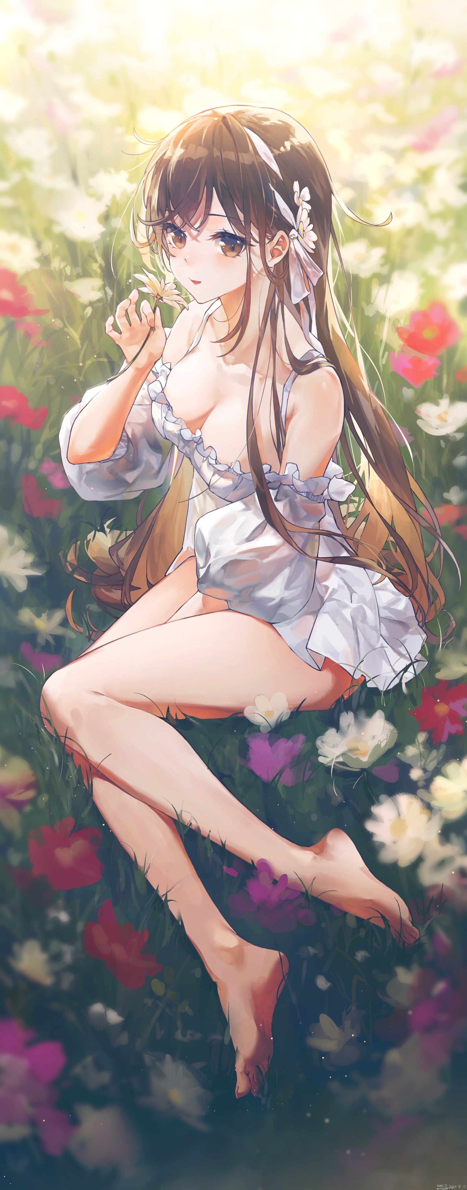 花海 连衣裙 抹胸裙 长发少女 手机壁纸 插画美图 4K壁纸 插画-第1张