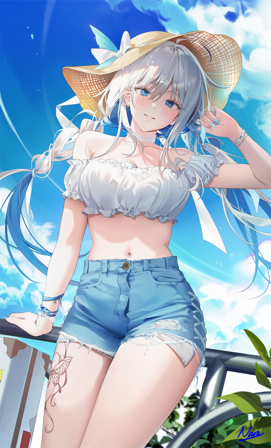 P站美图 崩坏：星穹铁道 流萤 风景 美少女 草帽 短裤 插画-第2张