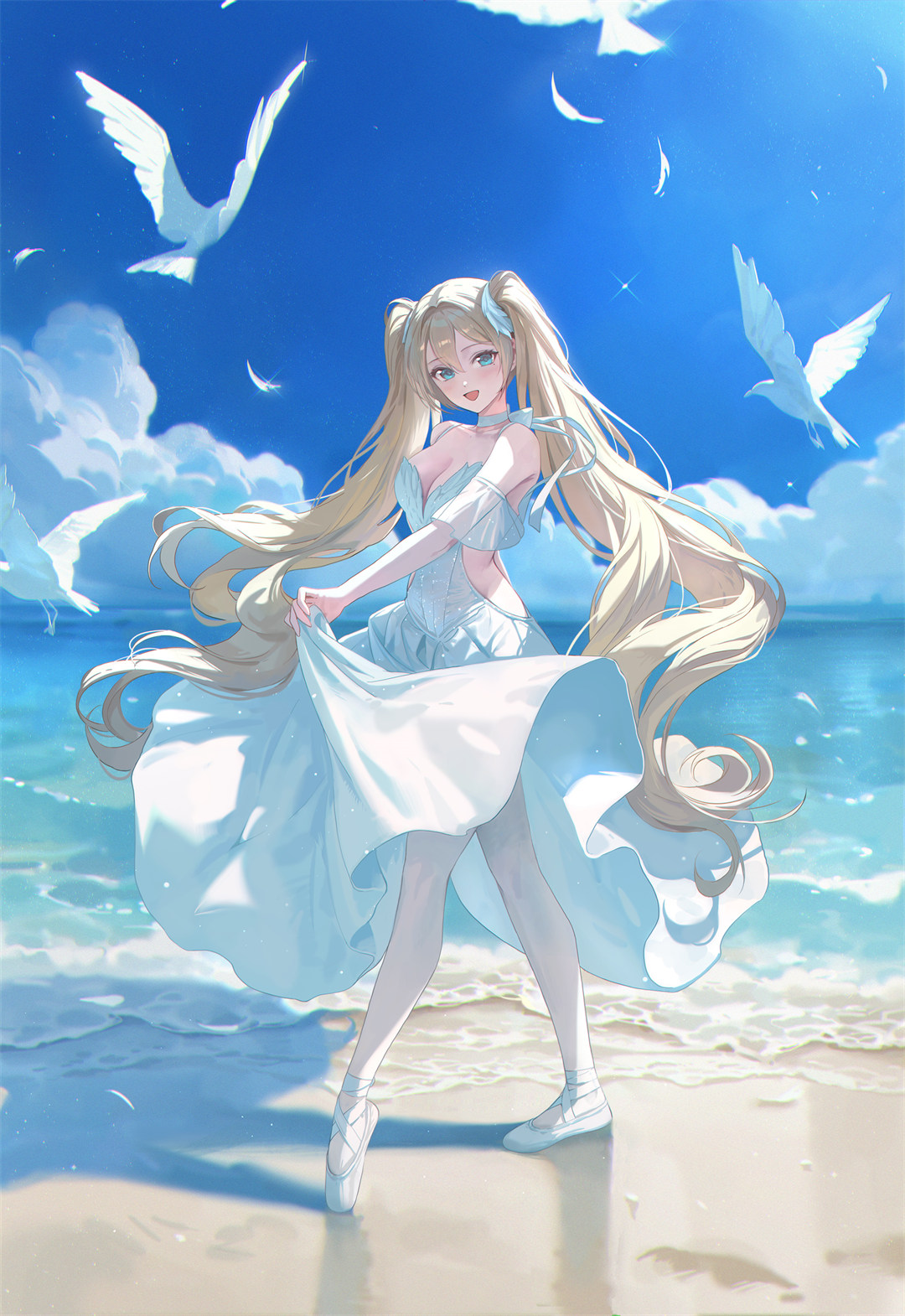【P站美图】碧蓝档案 阿洛娜 海边 双马尾 白色连衣裙美少女 芭蕾舞 绝区零 艾莲 插画动漫美图推荐 P站美图-第1张